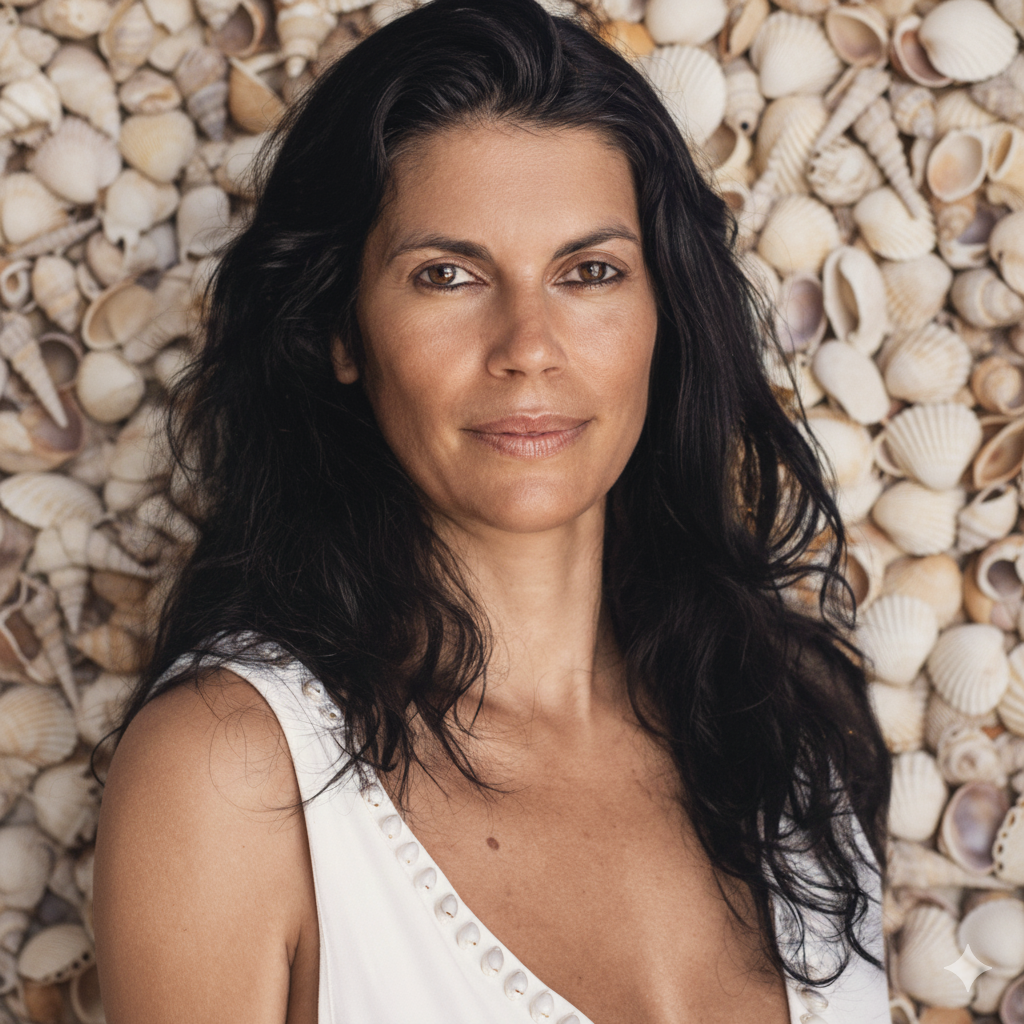 Woman with dark hair standing against a background of seashells