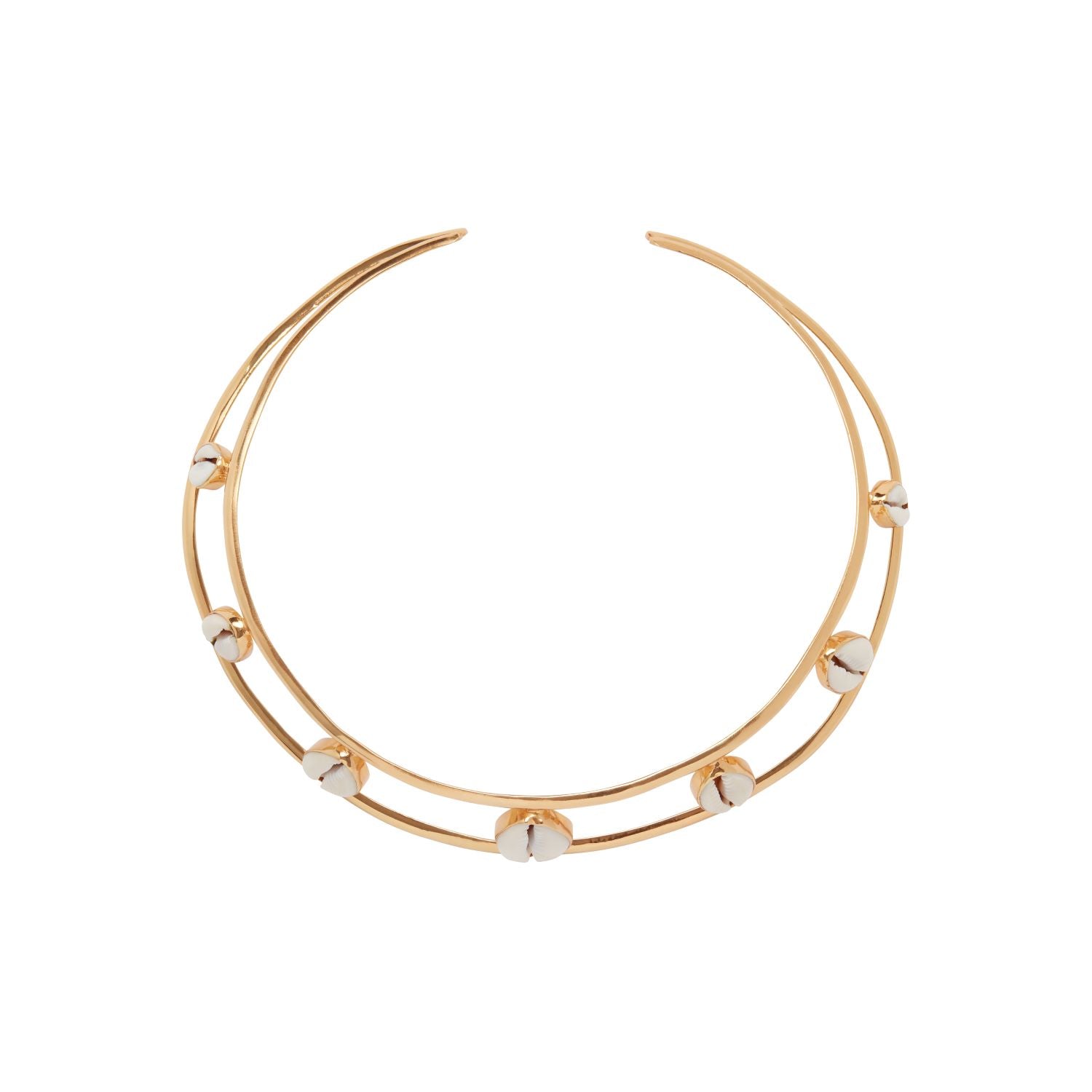 Gold and shell collar necklace on a white background