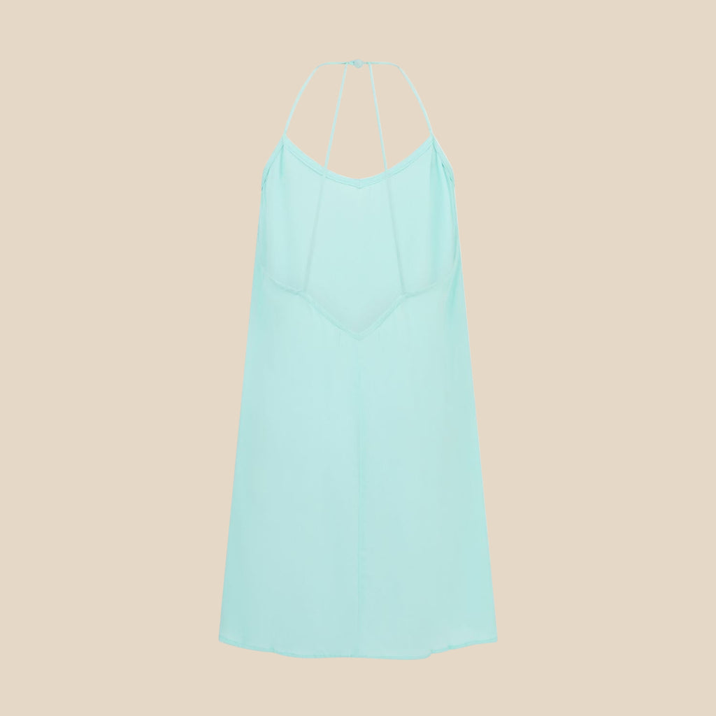 Back of Aquamarine slip dress on a white background